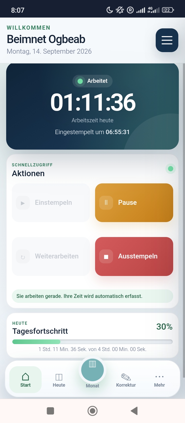 Screenshot der internen Zeiterfassungs-App